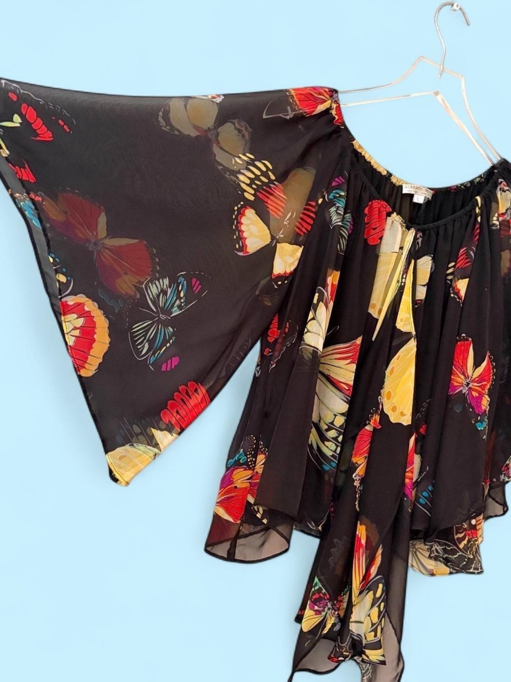 90s Pure Silk Butterfly Chiffon Peasant Ruffle Blouse L